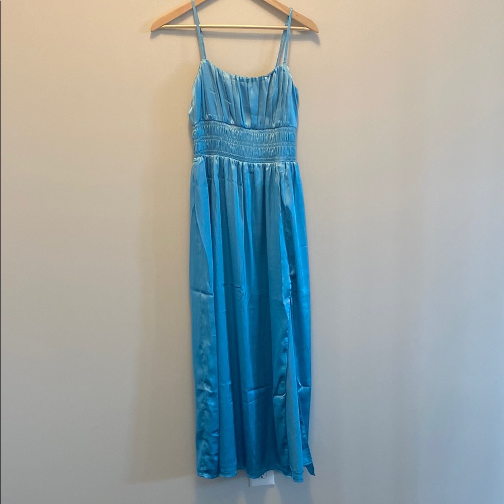 Abercrombie & Fitch Blue Satin Midi Ruched MIDI Dress